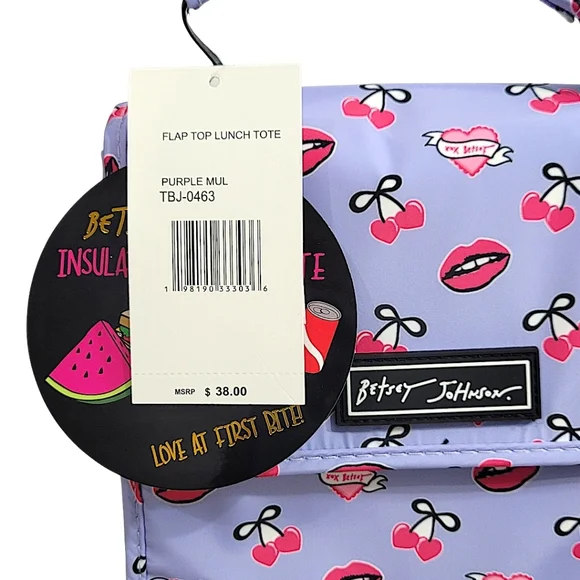 Betsey Johnson Insulated Lunch Tote Lavender Cherry Lip Print XOX Betsey Hearts - Picture 9 of 10